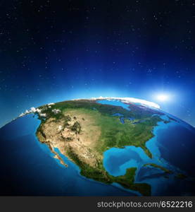 North America 3d rendering. North America from space. Elements of this image furnished by NASA 3d rendering. North America 3d rendering