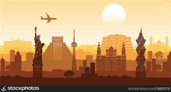 north america famous landmark silhouette style with row design on sunset time,vector illustration