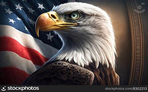 North American Bald Eagle on American flag. Created with generative AI