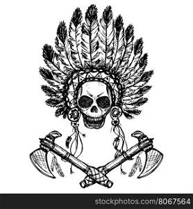 North American Indian chief with tomahawk, hand drawn,black on white, vector