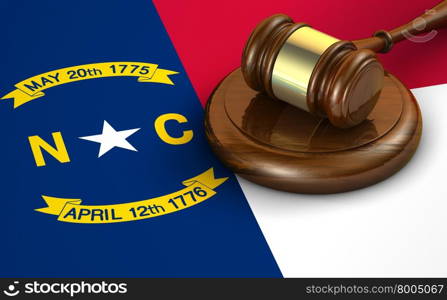 North Carolina US state law, code, legal system and justice concept with a 3d render of a gavel on the North Carolinian flag on background.