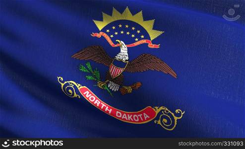North Dakota state flag in The United States of America, USA, blowing in the wind isolated. Official patriotic abstract design. 3D rendering illustration of waving sign symbol.