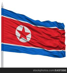 North Korea Flag on Flagpole , Flying in the Wind, Isolated on White Background