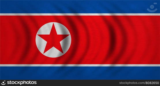North Korean national official flag. Patriotic DPRK symbol, banner, element, background. Correct colors. Flag of North Korea wavy with real detailed fabric texture, accurate size, illustration