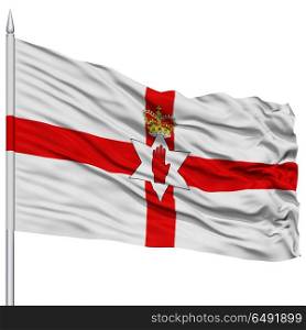 Northern Ireland Flag on Flagpole , Flying in the Wind, Isolated on White Background