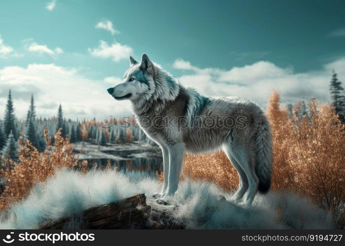 Northern landscape with wolf. Forest animal. Generate Ai. Northern landscape with wolf. Generate Ai