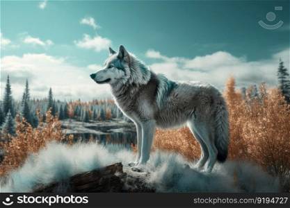 Northern landscape with wolf. Forest animal. Generate Ai. Northern landscape with wolf. Generate Ai