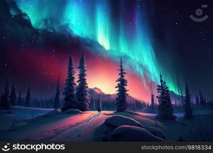 Northern Lights , Aurora Borealis Above Northern Snowy Landscape . AI generated Illustration.