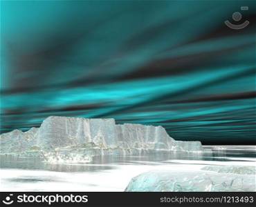 Northern lights (aurora borealis) over icebergs and ocean by night. Northern lights (aurora borealis) - 3D render