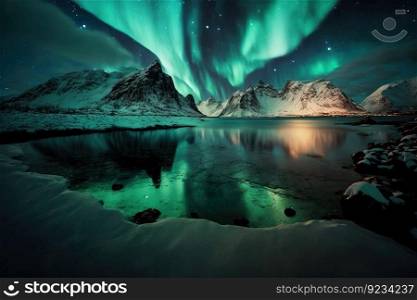 Northern Lights, Aurora, over the water&rsquo;s edge. AI generated. Astronomical phenomenon of borealis.. Northern Lights, Aurora, over the water&rsquo;s edge. AI generated.