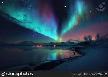 Northern Lights, Aurora, over the water&rsquo;s edge. AI generated. Astronomical phenomenon of borealis.. Northern Lights, Aurora, over the water&rsquo;s edge. AI generated.