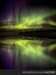 Northern Lights Aurora Reflection colorful lake Canada