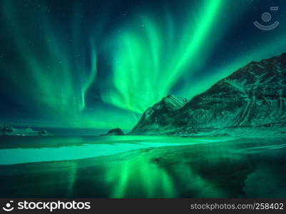 Northern lights in Lofoten islands, Norway. Green aurora borealis. Starry sky with polar lights. Night winter landscape with aurora, sea with frosty coast and sky reflection, snowy mountains. Travel
