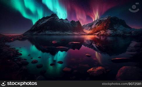 northern lights in norway Aurora over the lake in fjords mountains.Generative AI