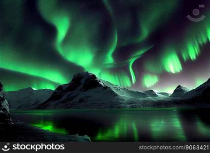 Northern or polar lights in night sky - Aurora Borealis. Northern or polar lights in night sky. Aurora Borealis. Generative AI.