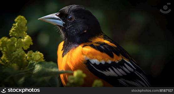 Northern Oriole bird with forest background. Generative AI.. Northern Oriole bird with forest background. Generative AI