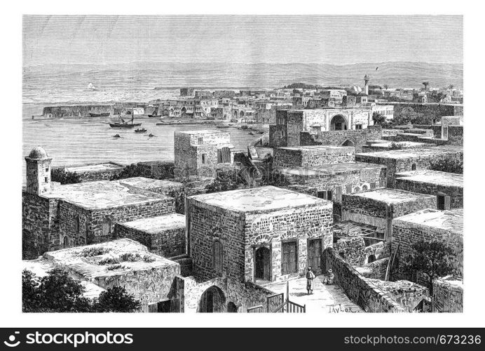 Northern Port of Tyre, in Lebanon, vintage engraved illustration. Le Tour du Monde, Travel Journal, 1881