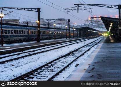 Northern Railway Station  Gara de Nord  during a cold and snowy day in Bucharest, Romania, 2021