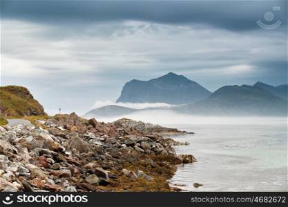 Norway coast. Ocean beach. Vacation in Norway, Lofoten islands