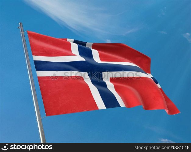 "Norway flag on a pole waving. Norway realistic flag waving against clean blue sky. Close up. "Illustration 3D""