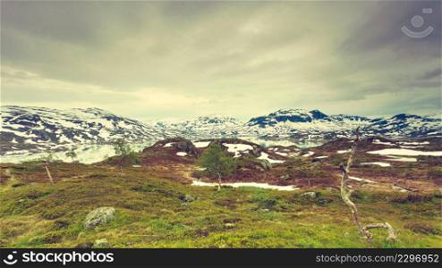Norway hiking area, scenic mountains landscape in summer.. Norway scenic mountain landscape.