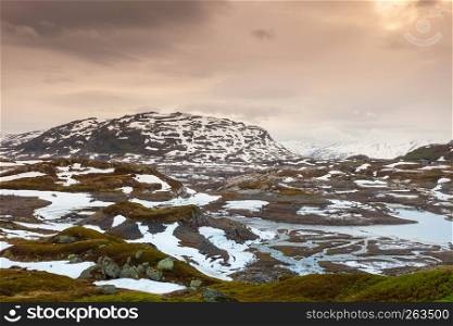 Norway hiking area, scenic mountains landscape in summer.. Norway scenic mountain landscape.
