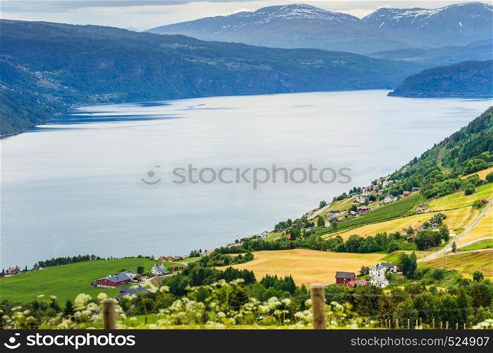 Norwegian country house in the mountains on sea shore. Beautiful coastline fjords landscape and village, Scandinavia Europe. Norwegian country houses in the mountains on lake shore