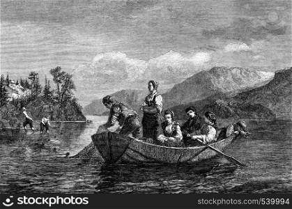 Norwegian fishermen on Lake Mioessen, vintage engraved illustration. Magasin Pittoresque 1857.