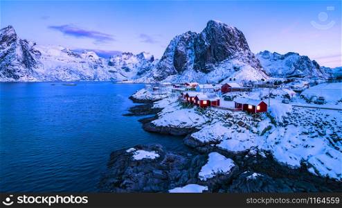 Norwegian fishermen&rsquo;s cabins, rorbuer, in the village of Hamnoy, Reine on the Lofoten in northern Norway