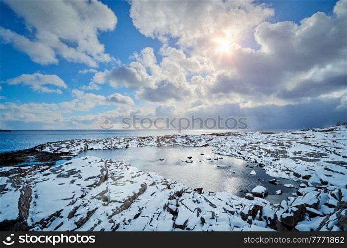 Norwegian fjord in winter. Lofoten islands, Norway. Norwegian fjord in winter