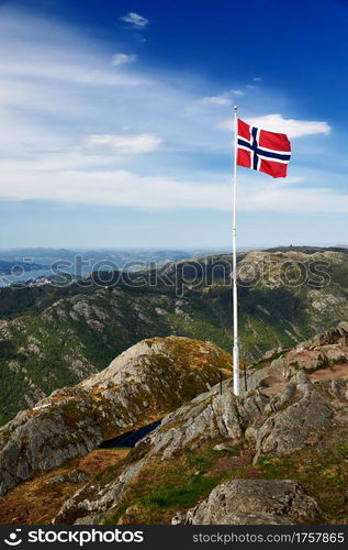 Norwegian Flag in mountains near Bergen Ulriken