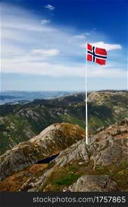 Norwegian Flag in mountains near Bergen Ulriken