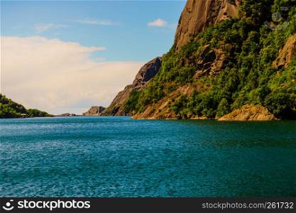 Norwegian landscape. Green mountains hills and fjord.. Fjord landscape in Norway