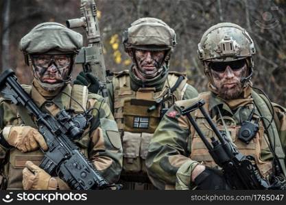 Norwegian Rapid reaction special forces FSK soldiers in field uniforms posing in the forest. Norwegian Armed Forces soldiers