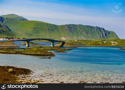Norwegian scenic landscape on Lofoten archipelago. Road and bridge connecting the islands over the sea. National tourist route 10 Norway.. Road and bridge over sea., Lofoten Norway