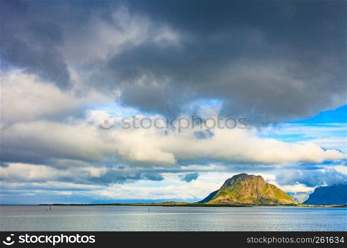Norwegian scenic seascape on Lofoten archipelago, blue sea and mountains, Nordland county, Norway.. Seascape on Lofoten islands Norway