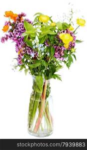 nosegay of summer fresh natural flowers in glass vase on white background