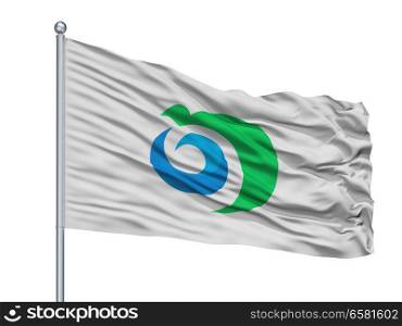 Noshiro City Flag On Flagpole, Country Japan, Akita Prefecture, Isolated On White Background. Noshiro City Flag On Flagpole, Japan, Akita Prefecture, Isolated On White Background