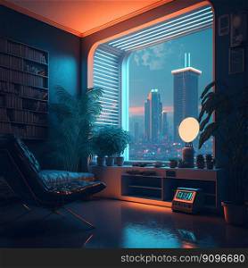 Nostalgic retro room in 80s synthwave or cyberpunk style. Futuristic neon interior of the 90s styled apartment