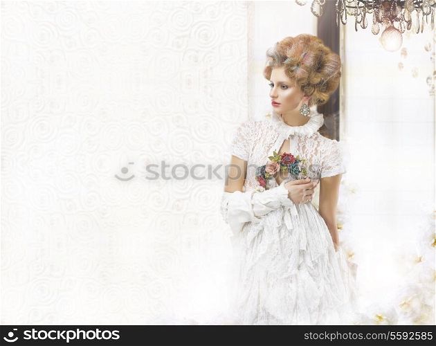 Nostalgic Styled Woman in Openwork Lacy Retro Dress
