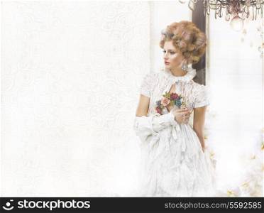 Nostalgic Styled Woman in Openwork Lacy Retro Dress
