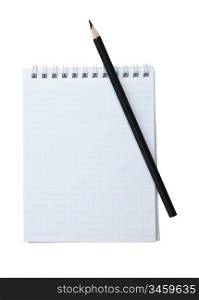 notebook and a black pencil isolated on a white background