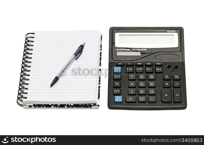 Notebook and calculator isolated on a white background