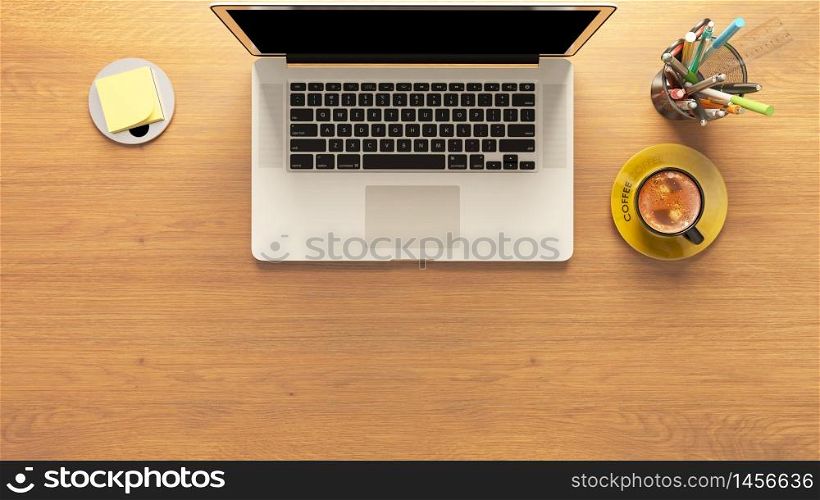 notebook and coffee together with pencil box and post it mock up template top view 3d render
