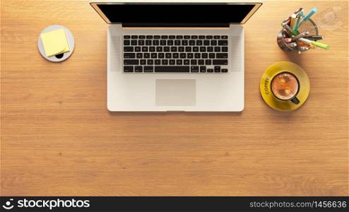 notebook and coffee together with pencil box and post it mock up template top view 3d render