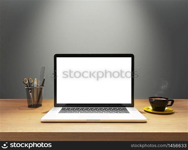 notebook and coffee together with white screen mock up template 3d render