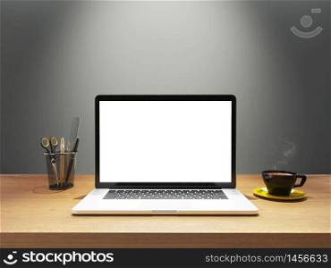 notebook and coffee together with white screen mock up template 3d render