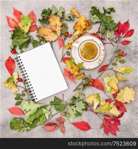 Notebook and cup of black coffee. Autumn background flat lay