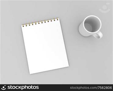 Notebook and mug mock up on gray background. 3d render illustration.. Notebook and mug mock up on gray background.