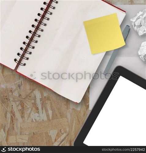 Notebook and pen and tablet on recycle wood table background